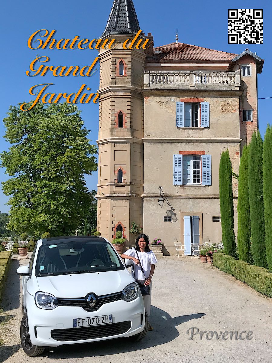 France Provence Valensole woman and rental car in front of hotel Château du Grand Jardin