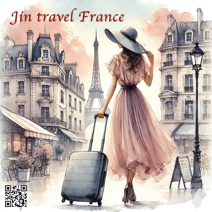 Jin Travel France sights on art poster with a woman in a stylish dress hat with a suitcase Eiffel Tower