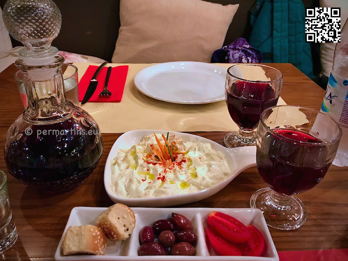 Greece Santorini Thira tzatziki red wine at Kokkalo taverna.