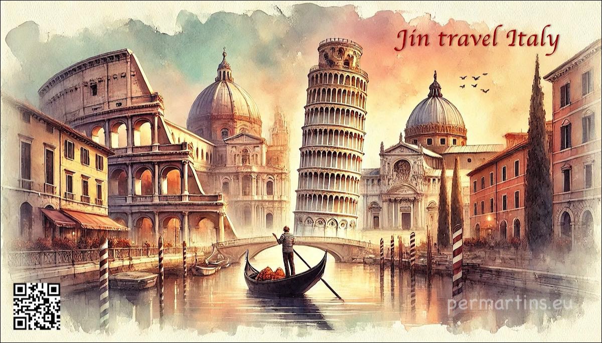 Jin Travel Italy sights art poster Pisa, Rome, Venice ...