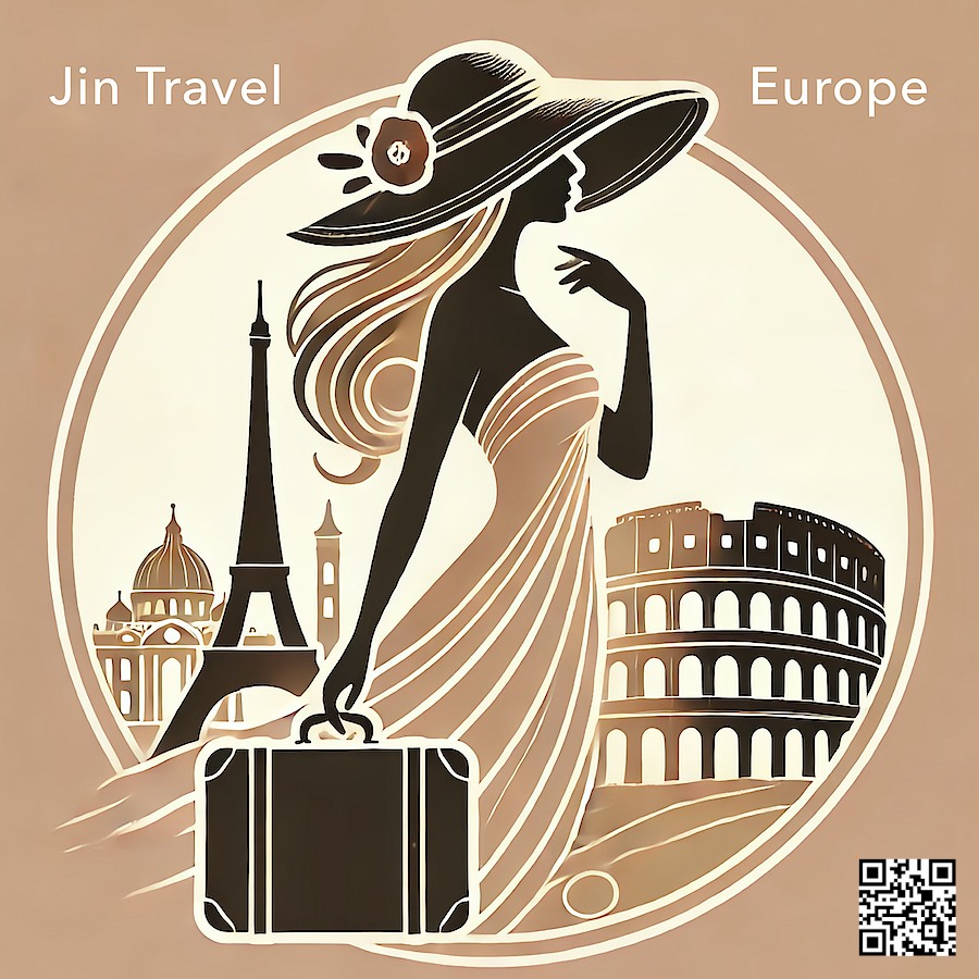 Jin Travel Europe logo. Stylish woman with a suitcase and a big hat.